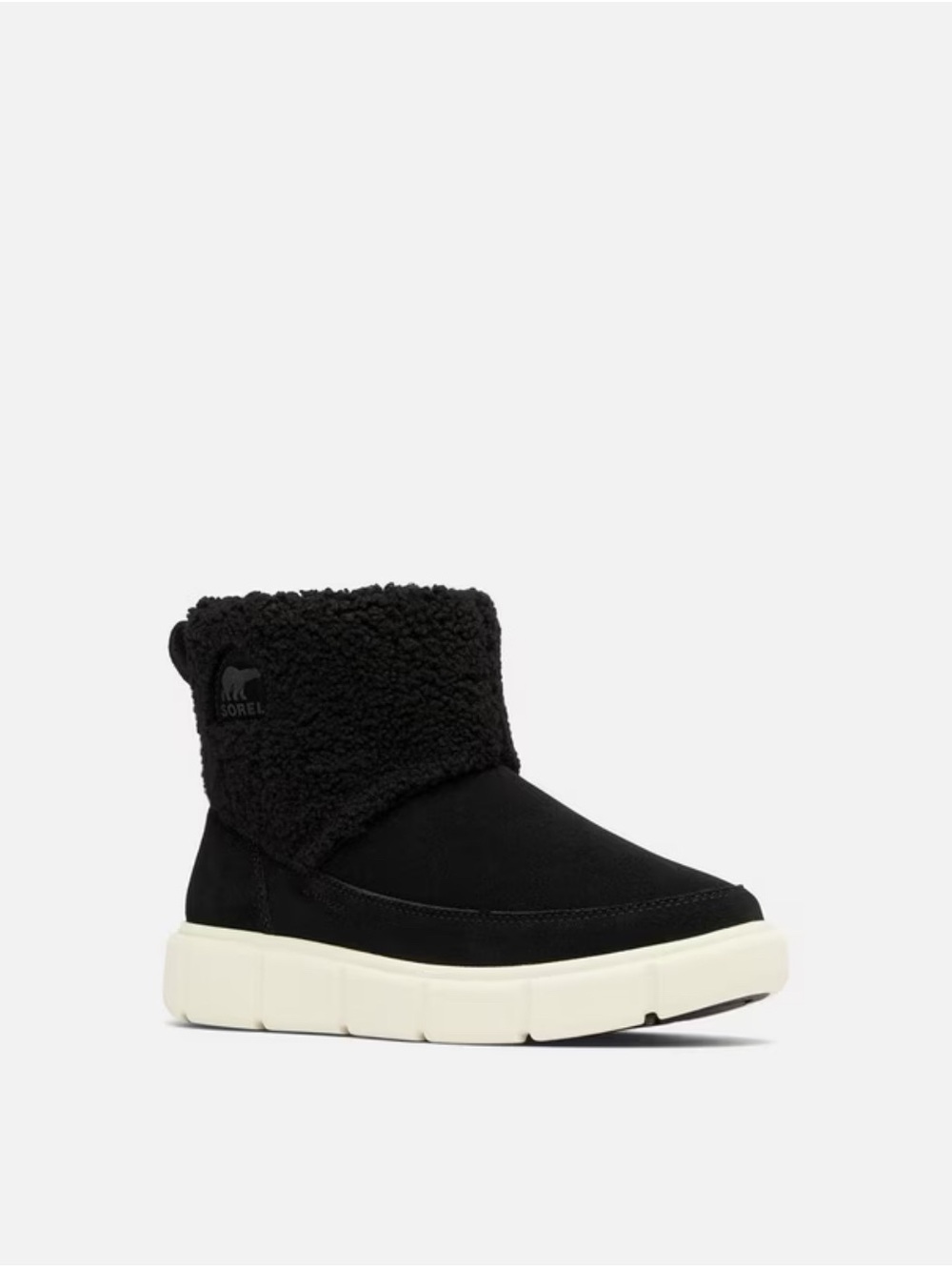 Sorel woman’s explorer 3 Black Suede Fold-Over Sherpa Boot with Cream Sole
